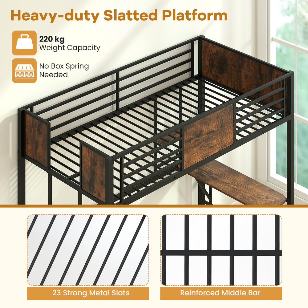 Space-saving twin loft bed in coffee with safety guardrail, 23 metal slats, and built-in desk for versatile use.