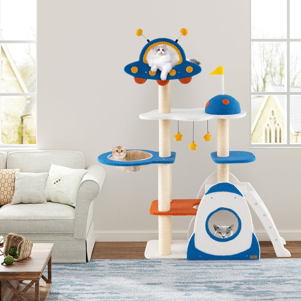 Multi-level space theme cat tree with sisal scratching posts, UFO perch, and plush platforms for climbing and lounging.