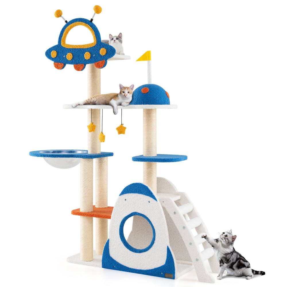 Multi-level space theme cat tree with UFO perch, sisal scratching posts, and plush platforms for climbing and lounging.