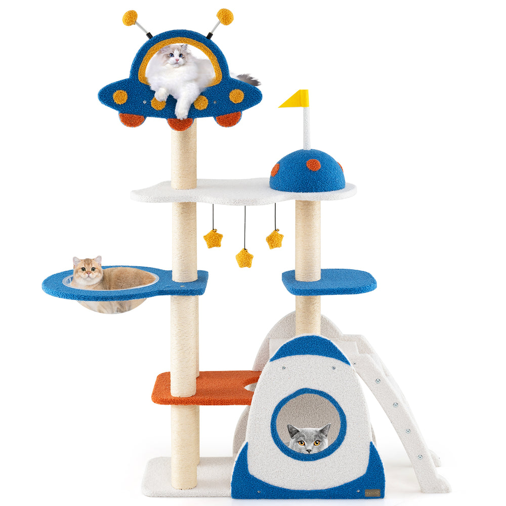 Multi-level space theme cat tree with sisal scratching posts, plush platforms, and UFO perch for climbing and lounging.