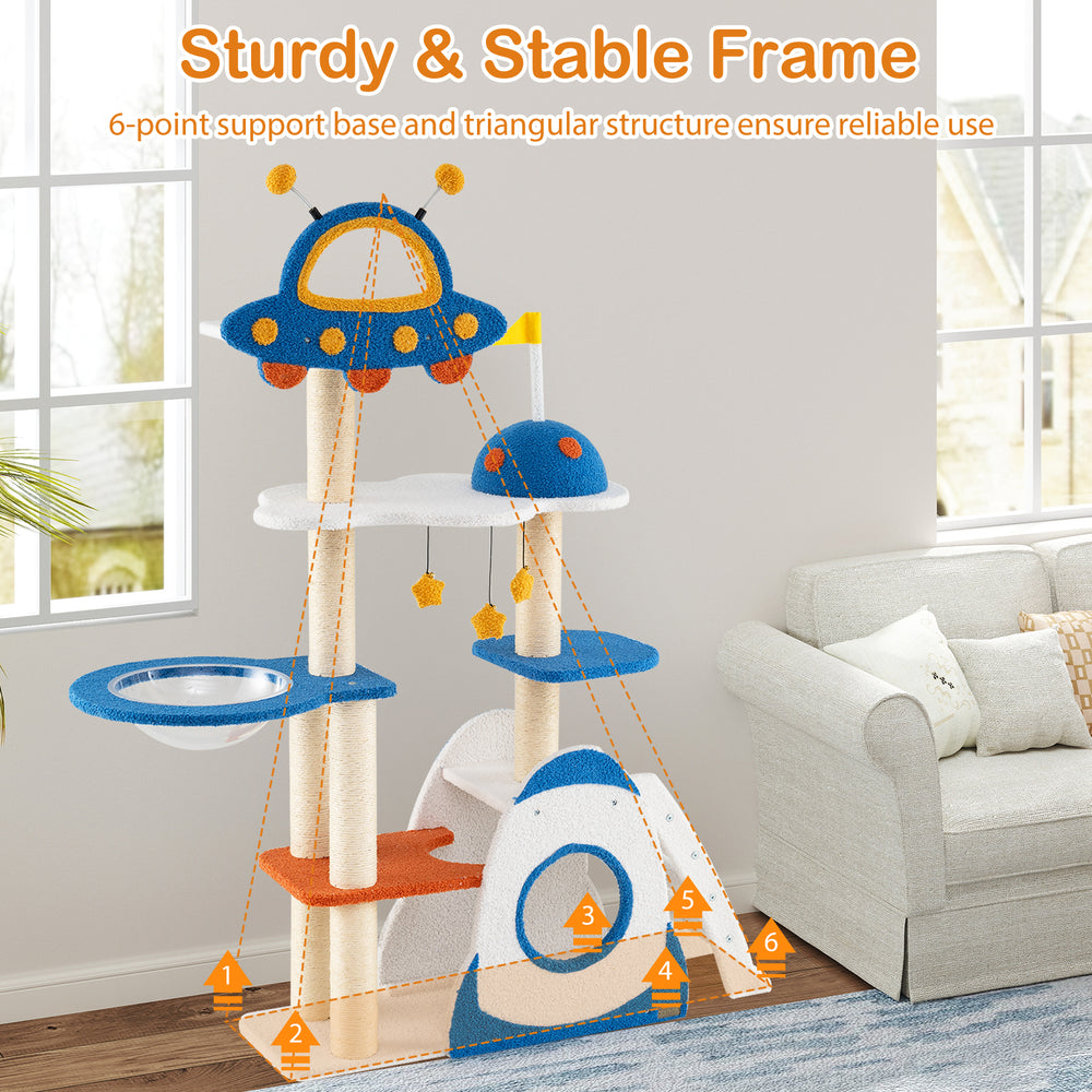 UFO-shaped perch detail of the Space Theme Cat Tree with plush fabric and sisal posts for climbing and scratching.