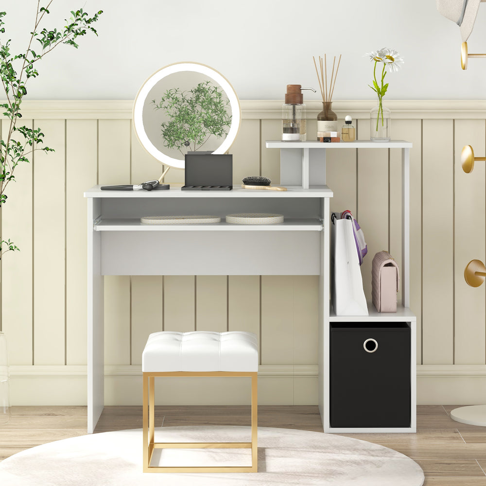 Compact white computer desk with pull-out keyboard tray, open shelf, and storage bin for versatile use in small spaces.