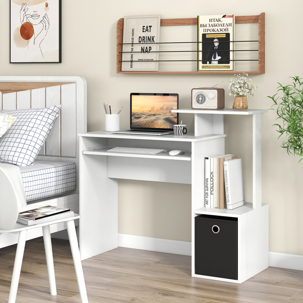 Compact white computer desk with pull-out keyboard tray and storage solutions, ideal for small spaces and multi-purpose.
