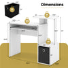 Space-saving computer desk in white with pull-out keyboard tray and removable storage bin, ideal for small spaces.