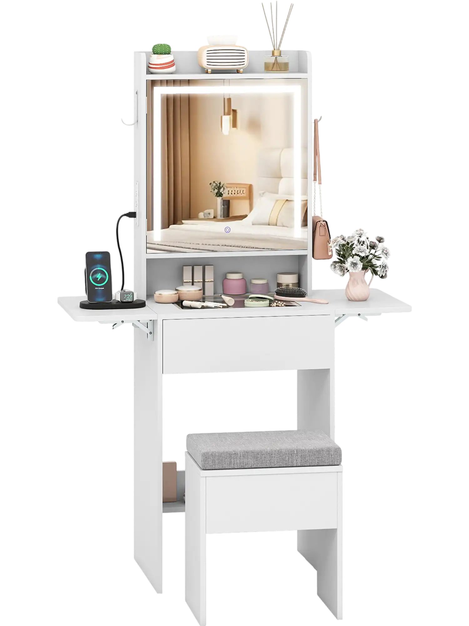 Costway Space-Saving Vanity Desk w/ Mirror & Lights 26402434 New