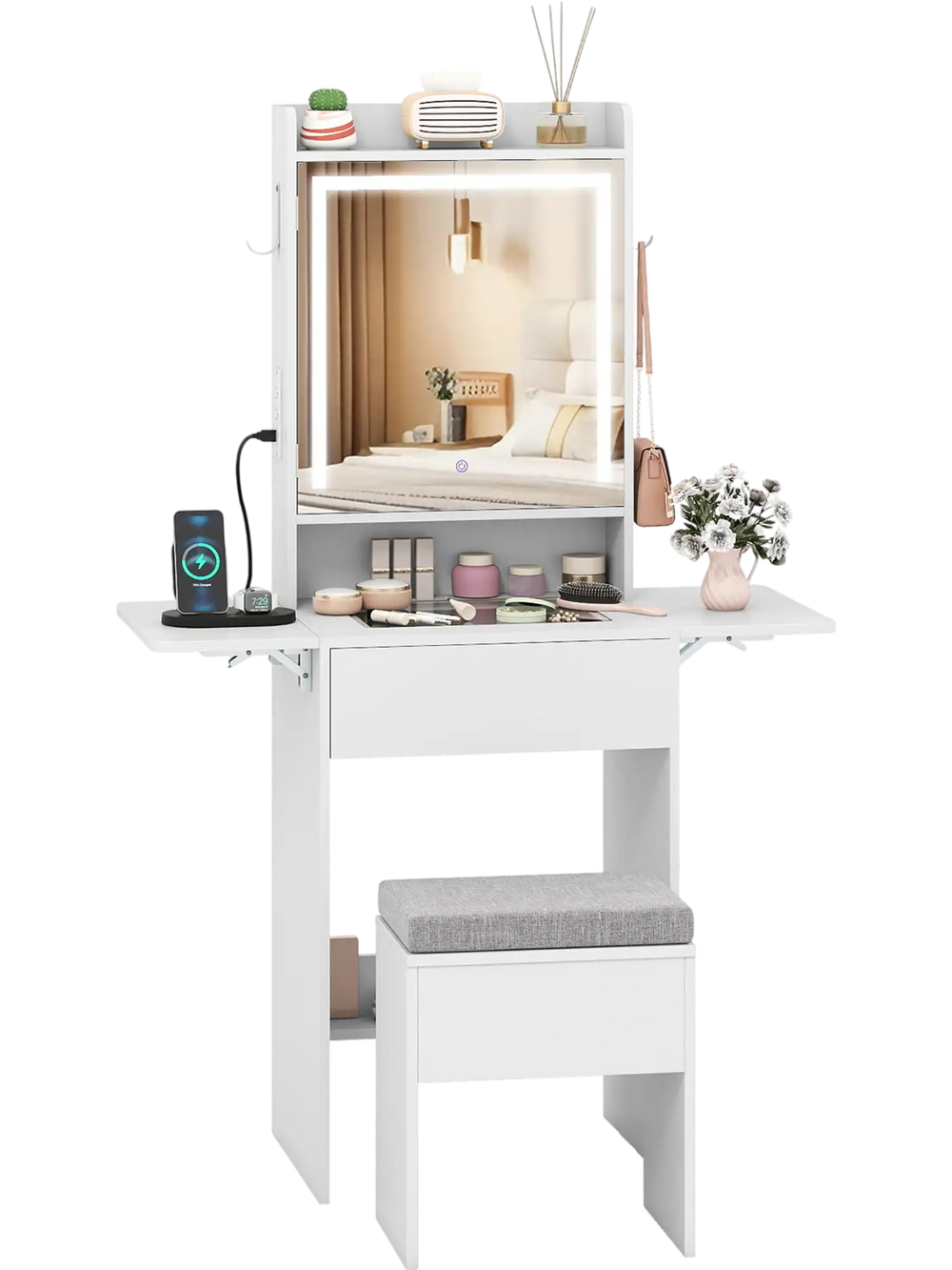 Space-saving vanity desk with LED-lit mirror, adjustable shelf, and hidden storage, perfect for bedroom organization.