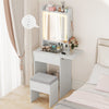 Space-saving white vanity desk with LED-lit mirror, adjustable shelf, and hidden storage, perfect for bedroom.