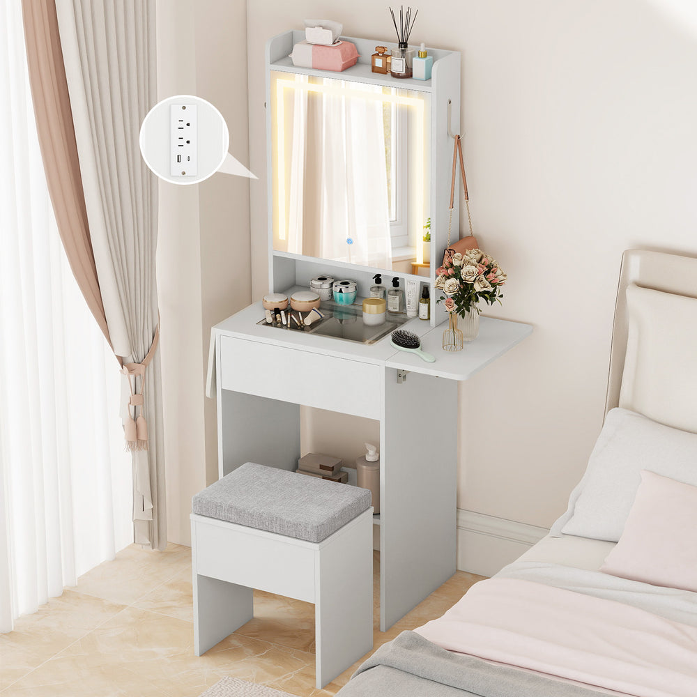 Space-saving white vanity desk with LED-lit mirror, adjustable shelf, and hidden storage, perfect for bedroom.