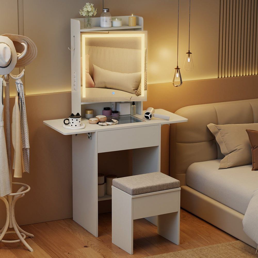 Compact vanity desk with hidden cabinet, spacious glass top, and soft-padded stool, ideal for efficient bedroom.