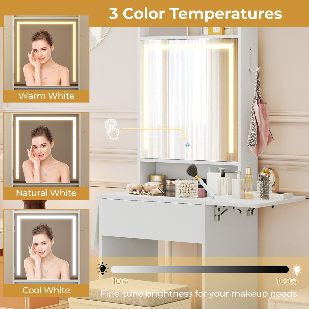LED-lit mirror with 3 color temperatures on a space-saving vanity desk, ideal for makeup application in the bedroom.