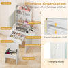 Space-saving vanity desk with LED-lit mirror, adjustable shelves, large drawer, and storage stool for organized beauty.