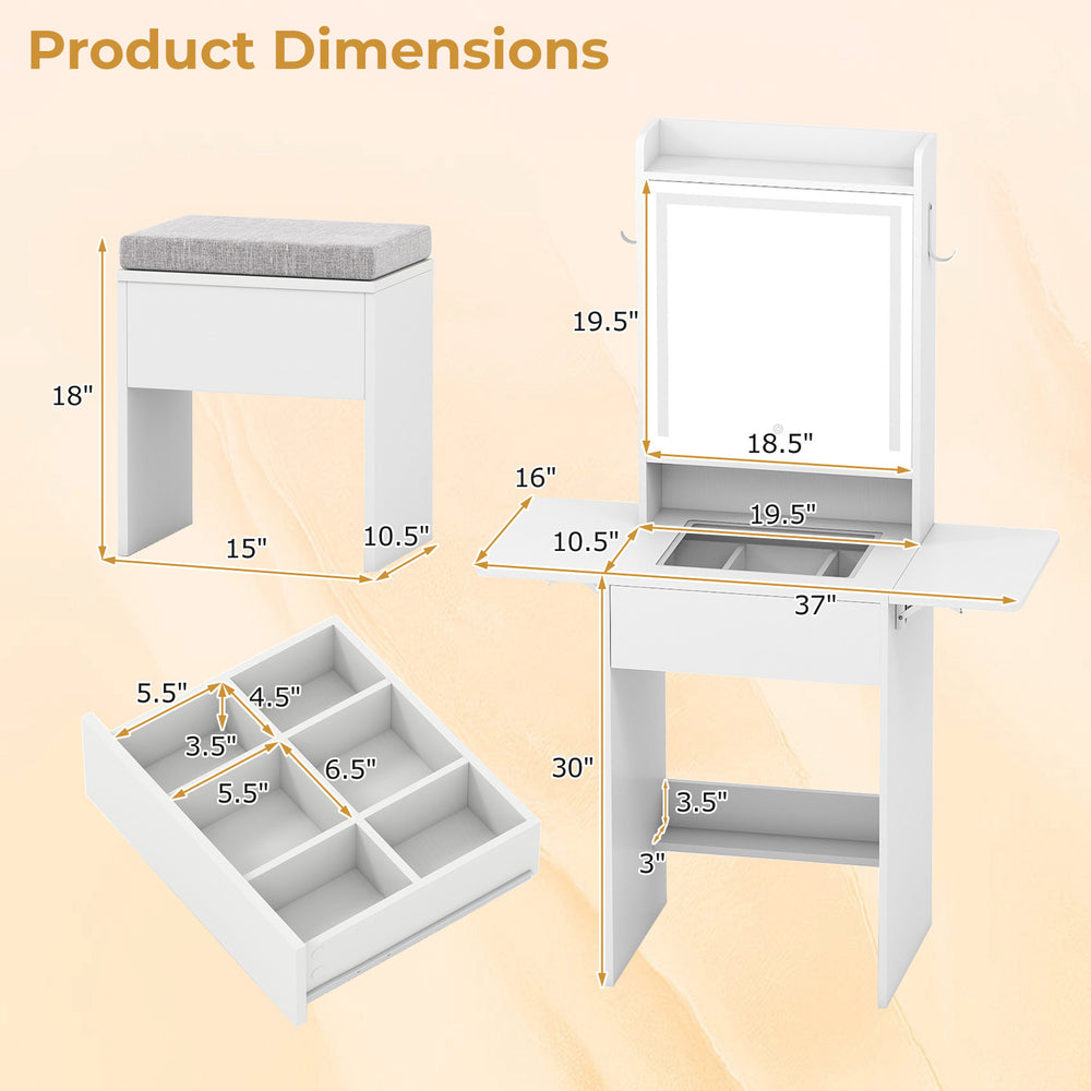 Dimensions of the Space-saving Vanity Desk with Mirror and Lights, featuring adjustable shelves and foldable table.