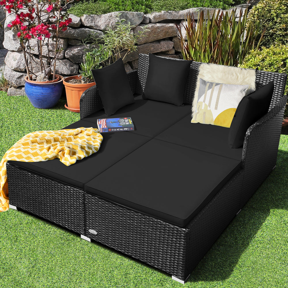 Spacious Outdoor Rattan Daybed with Upholstered Cushions and Pillows-Black - Gallery View 1 of 10