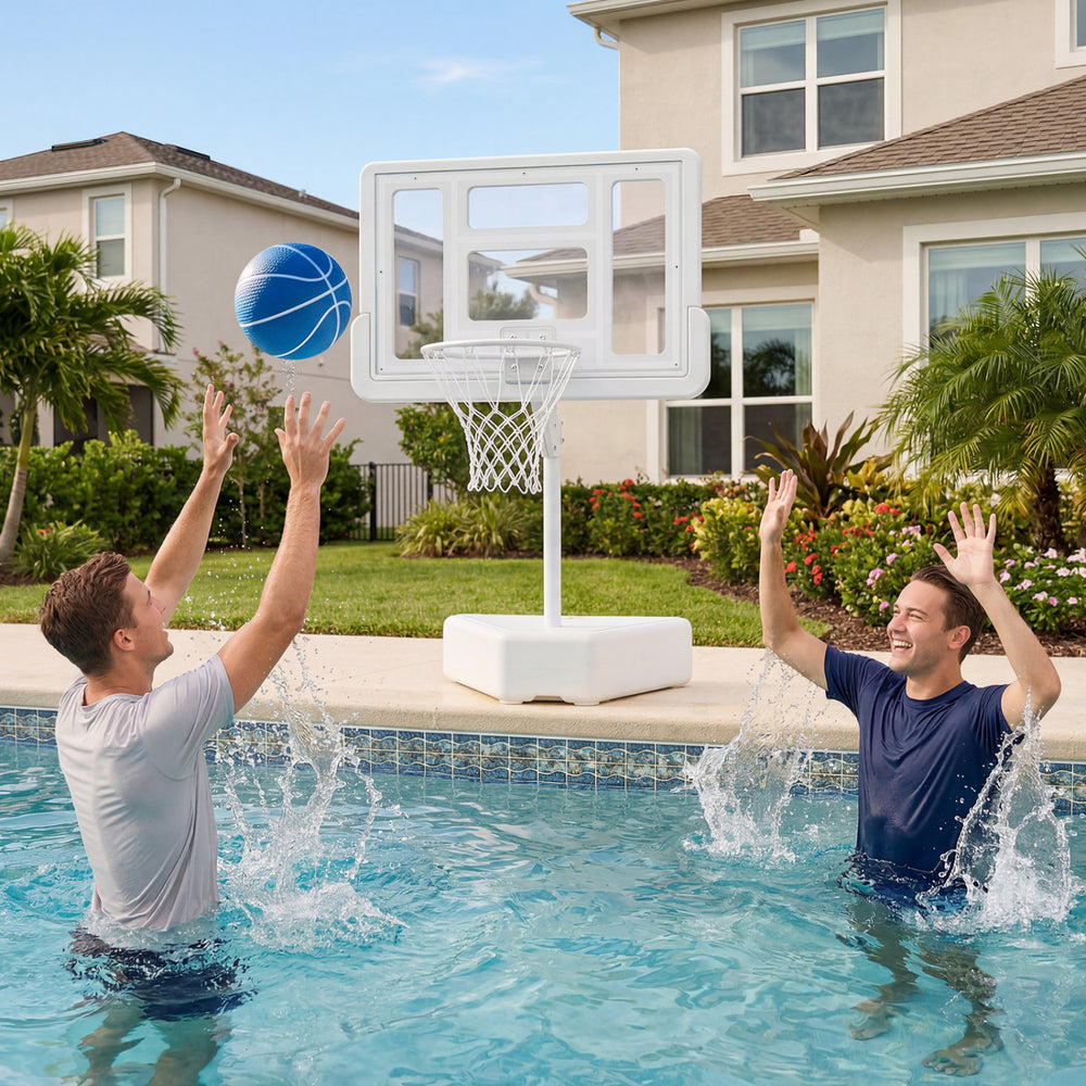 Splash & Shoot pool basketball hoop with adjustable height, sturdy metal frame, and included water balls for outdoor fun.