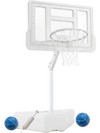 Adjustable Splash & Shoot pool basketball hoop with sturdy backboard, two water balls, and pump for outdoor fun.