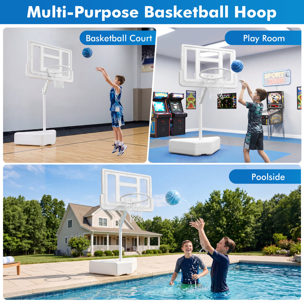 Splash & Shoot Pool Basketball Hoop with adjustable height, sturdy metal frame, ideal for poolside fun and family entertainment.