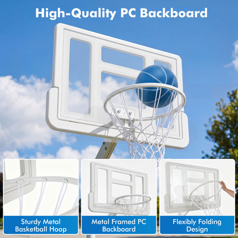 Sturdy metal basketball hoop with a high-quality PC backboard, designed for adjustable height and outdoor fun.