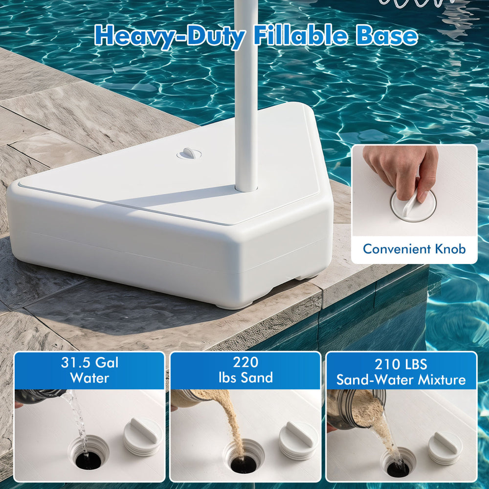 Heavy-duty fillable base for the Splash & Shoot Pool Basketball Hoop, holds 31.5 gal water and 220 lbs sand for stability.