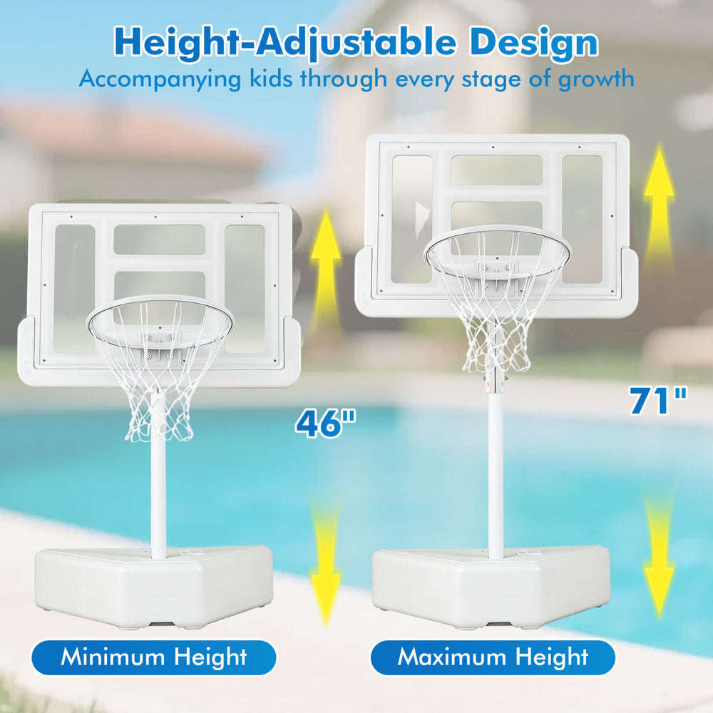 Height-adjustable Splash & Shoot pool basketball hoop with sturdy base, suitable for kids aged 46" to 71" tall.
