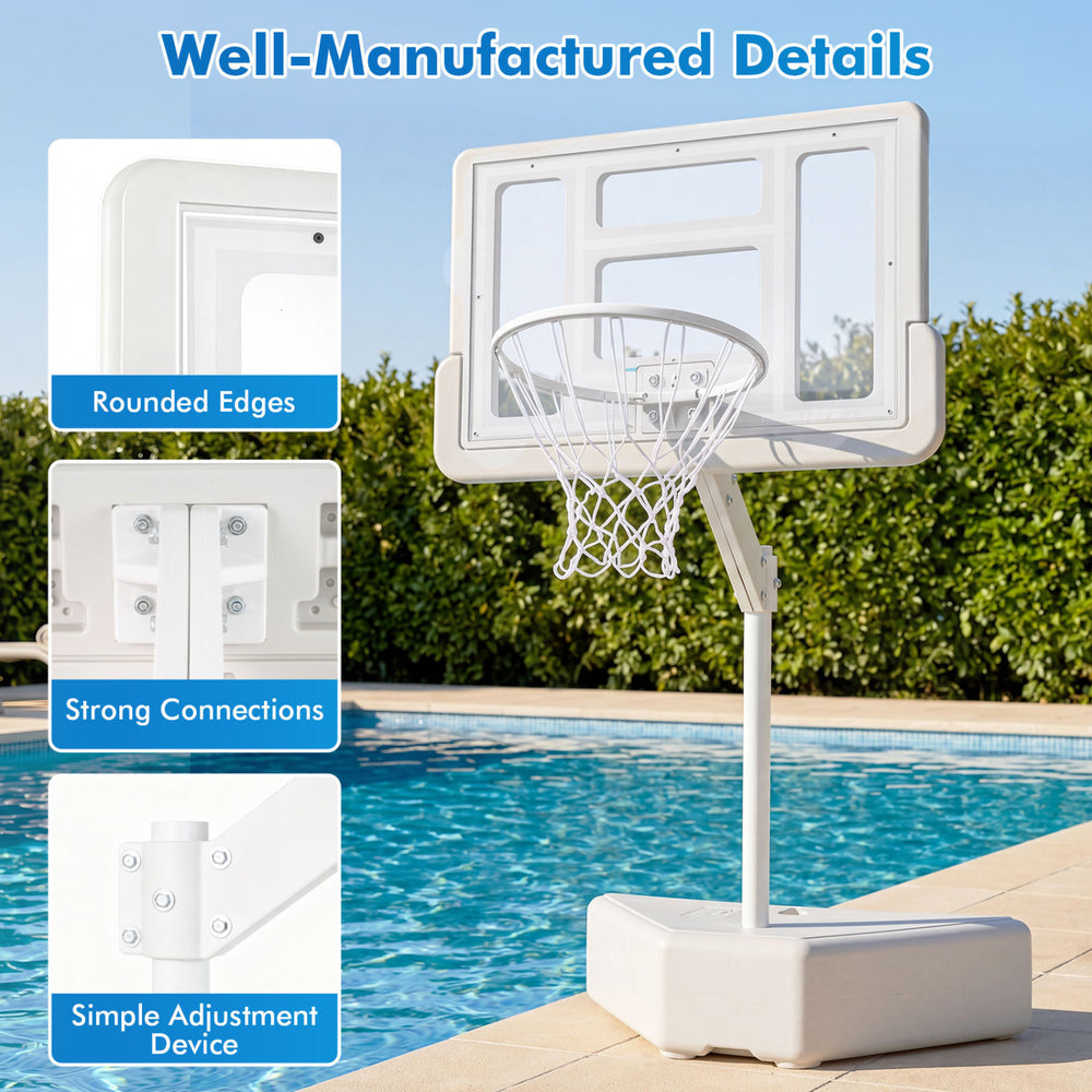 Adjustable Splash & Shoot Pool Basketball Hoop with sturdy PC backboard and rounded edges for safe outdoor play.