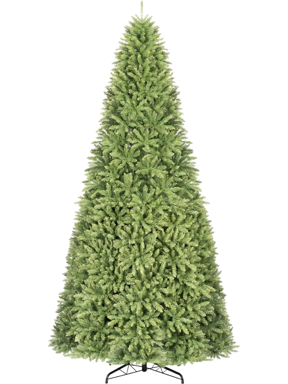 12 ft unlit artificial spruce fir Christmas tree with 7794 branch tips and a folding metal stand for versatile holiday decor.