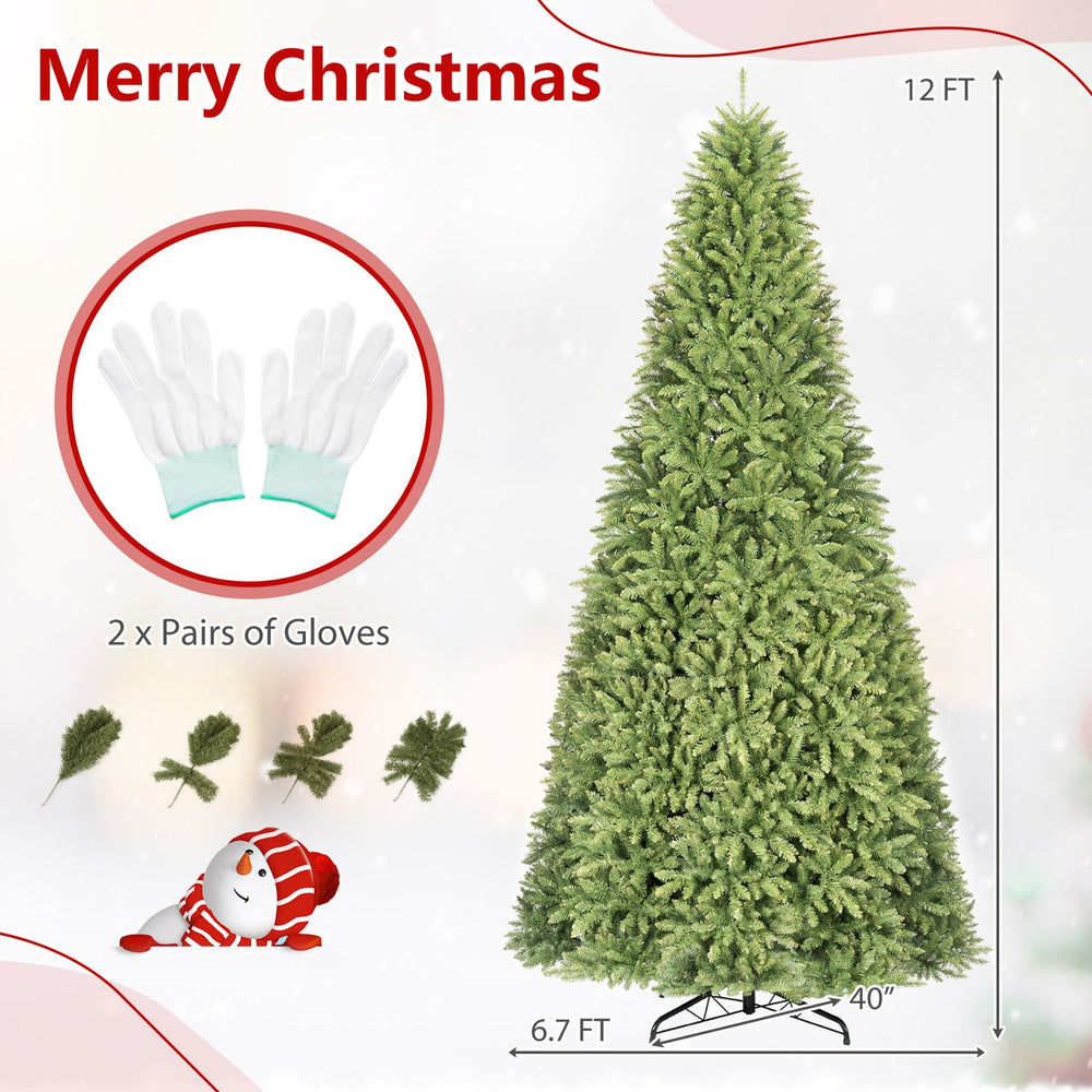 12 ft unlit artificial spruce fir Christmas tree with 7794 branch tips and folding metal stand, ideal for festive decoration.