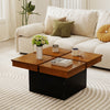 Square coffee table with walnut veneered top and floating quad-section design, perfect for modern living rooms.