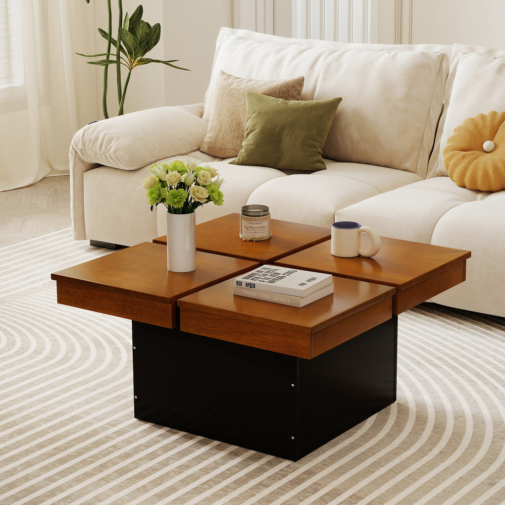 Square coffee table with walnut veneered top and floating quad-section design, perfect for modern living rooms.