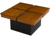 Square coffee table with walnut veneered top and floating quad-section design for ample storage and modern style.