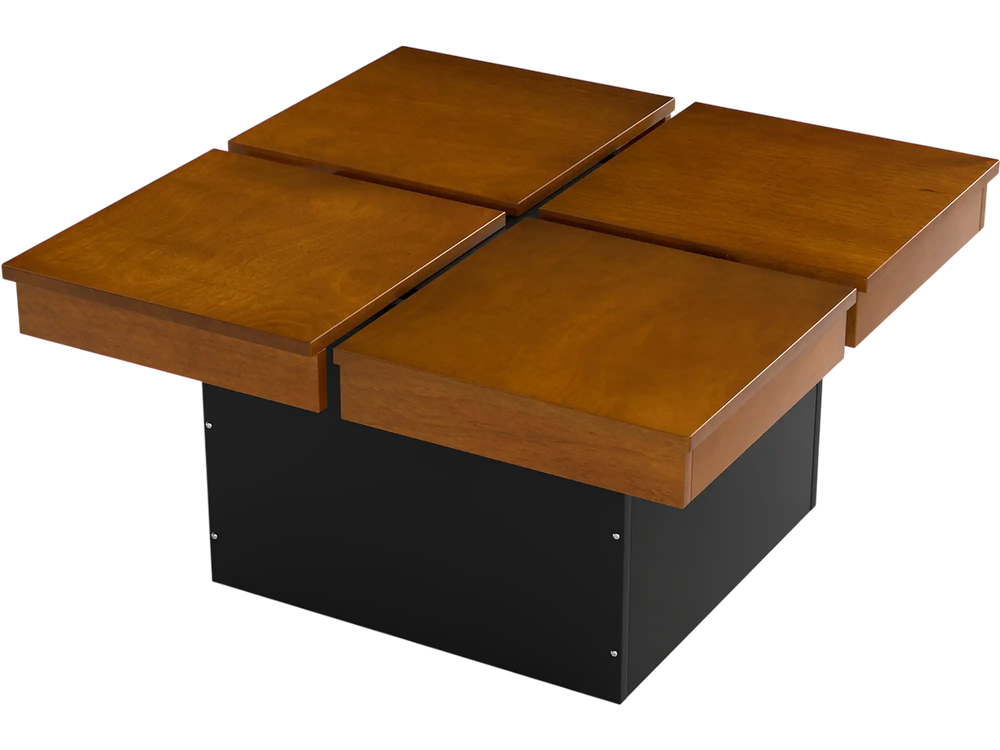 Square coffee table with walnut veneered top and floating quad-section design for ample storage and modern style.