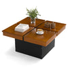 Square mid-century modern coffee table with walnut veneered top and floating quad-section design for ample storage.