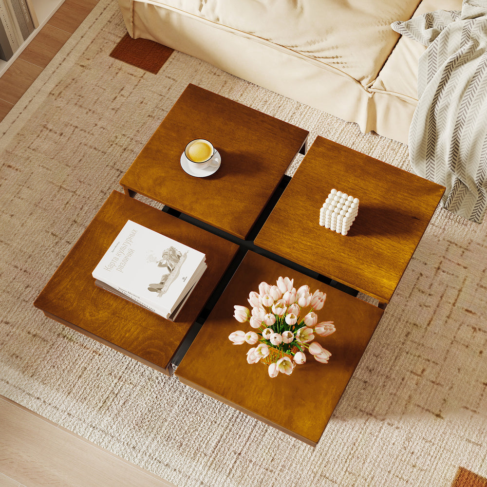 Mid-century modern square coffee table in walnut with a quad-section design, perfect for living room storage and décor.