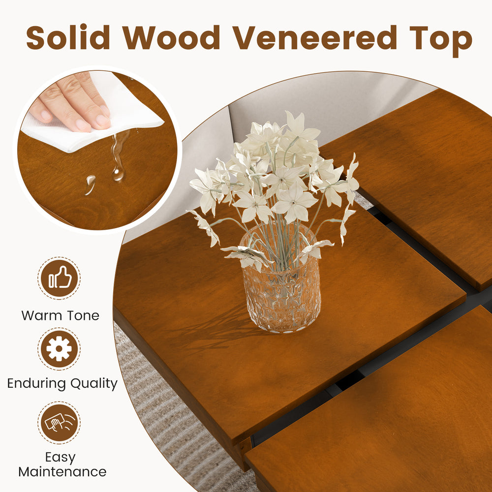 Square coffee table with solid wood veneered top in warm walnut finish, featuring a floating quad-section design for.
