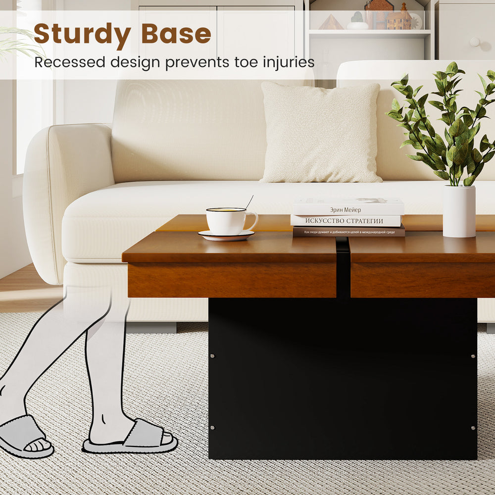 Square coffee table with walnut veneer and sturdy base, featuring a recessed design for safety and ample storage space.