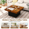 Modern square coffee table with walnut veneered top and floating quad-section design for versatile storage and style.