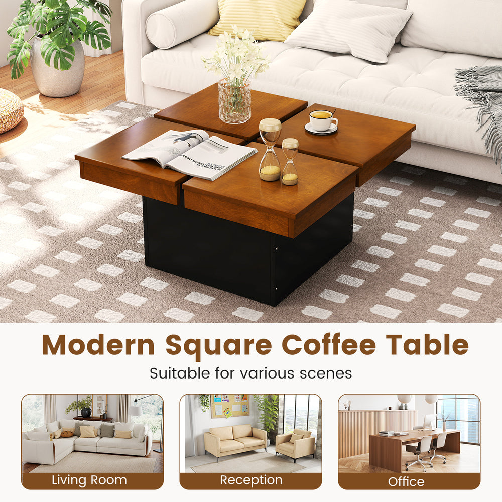 Modern square coffee table with walnut veneered top and floating quad-section design for versatile storage and style.