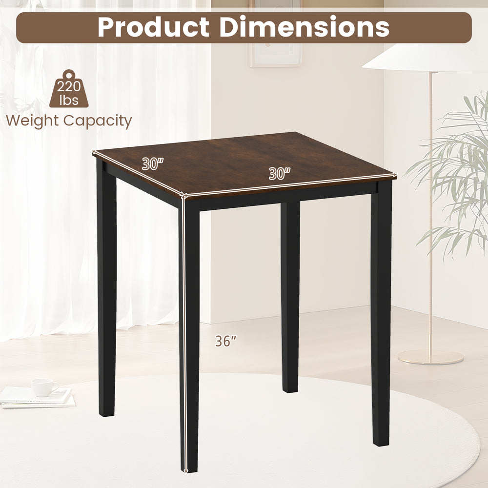 Square dining table with solid rubber wood frame, 30" x 30" top, 220 lbs capacity, ideal for meals and gatherings.