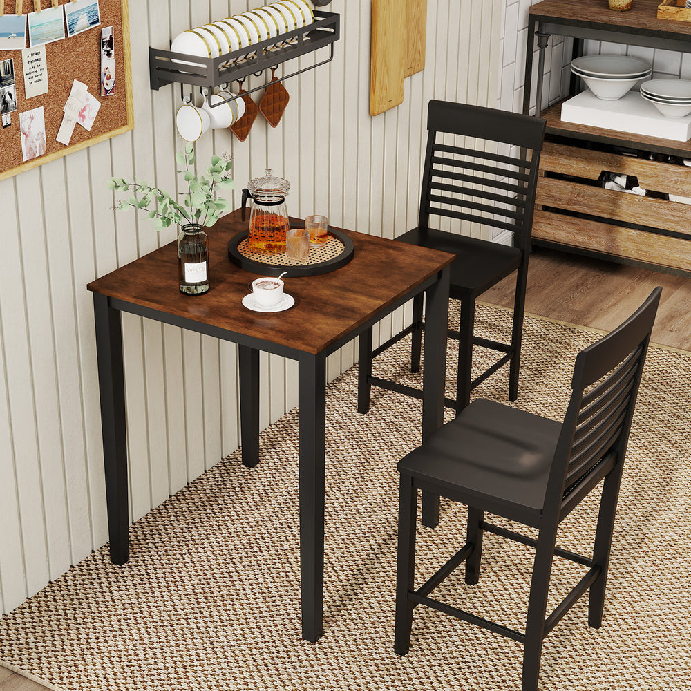Square dining table with solid rubber wood frame, spacious tabletop, and black chairs, perfect for meals and gatherings.