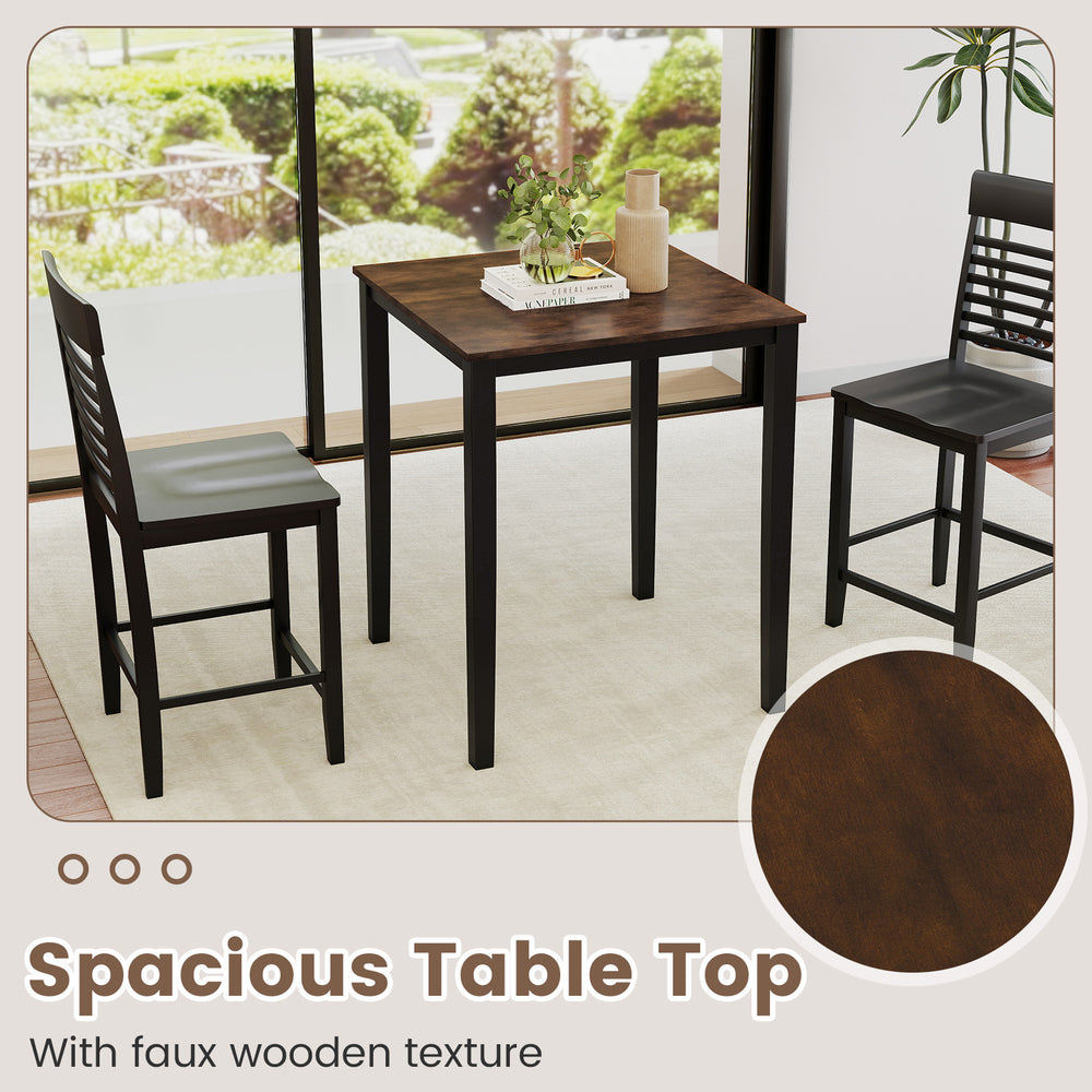 Square dining table with a solid rubber wood frame and spacious faux wooden tabletop, perfect for meals and gatherings.