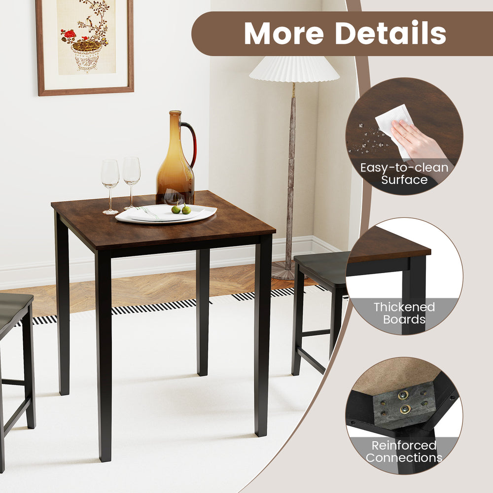 Square dining table with solid rubber wood frame, easy-to-clean surface, ideal for meals and gatherings.