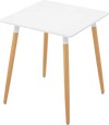 Square dining table with white high-density board top and wooden legs, perfect for small dining spaces.