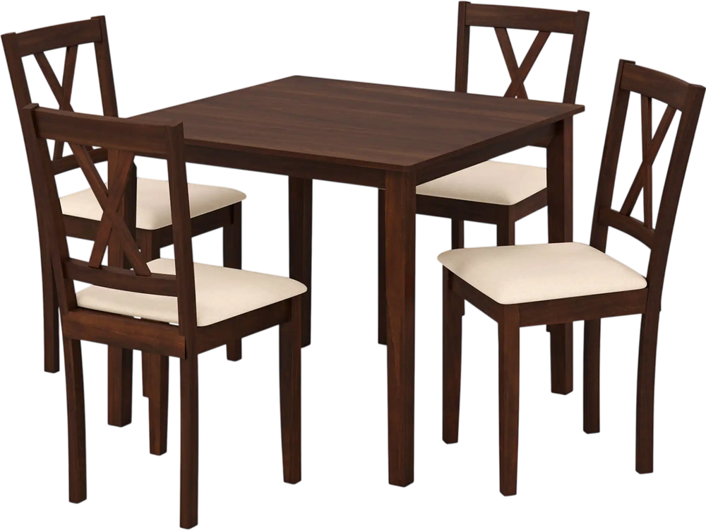Square walnut kitchen table with four armless chairs featuring cream cushions, perfect for dining or casual gatherings.