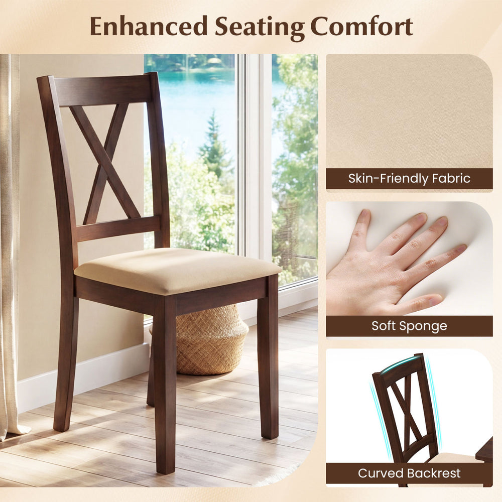 Armless chair with curved backrest and skin-friendly fabric, part of a walnut kitchen table set for 4.