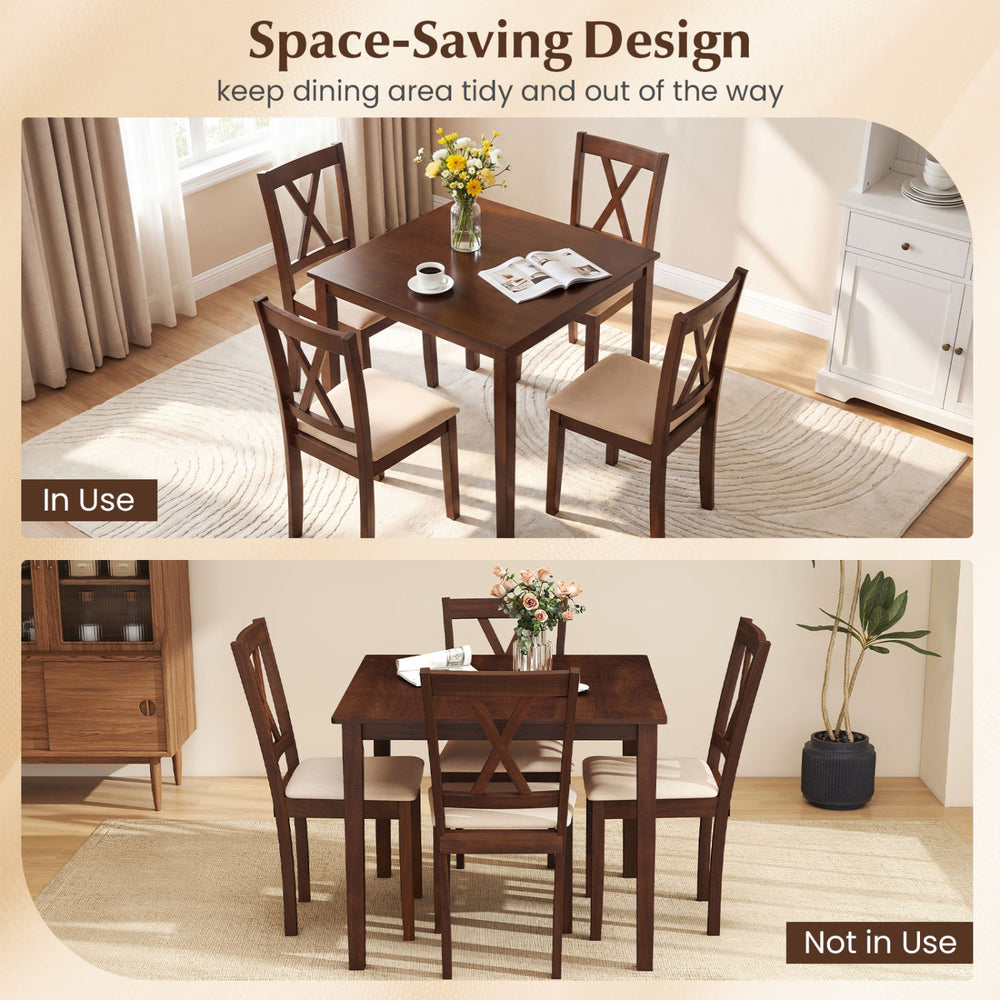 Square kitchen table set with 4 armless chairs in walnut finish, shown in use and stored away for space-saving.