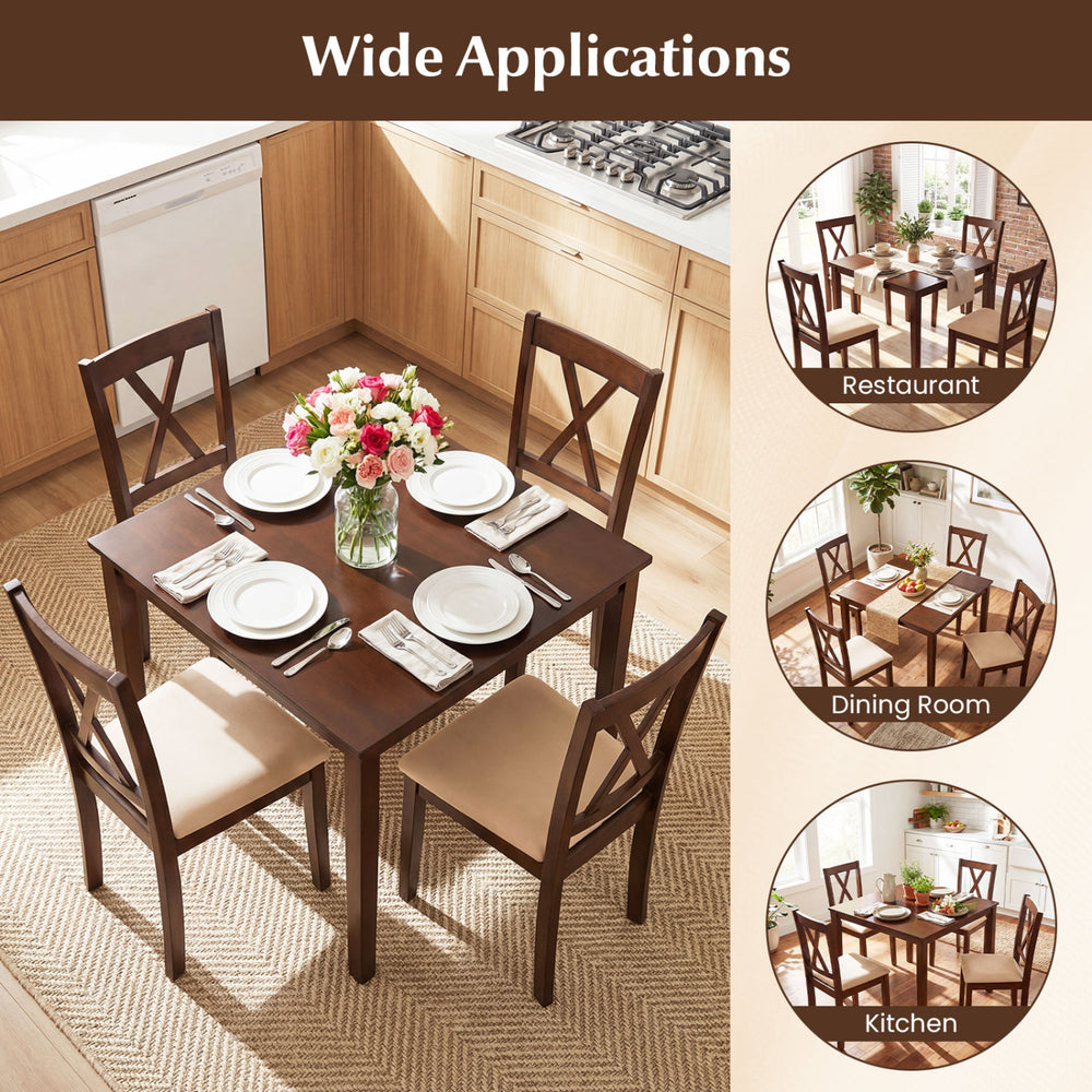 Square walnut kitchen table set with 4 armless chairs, ideal for dining rooms, restaurants, or kitchen use.