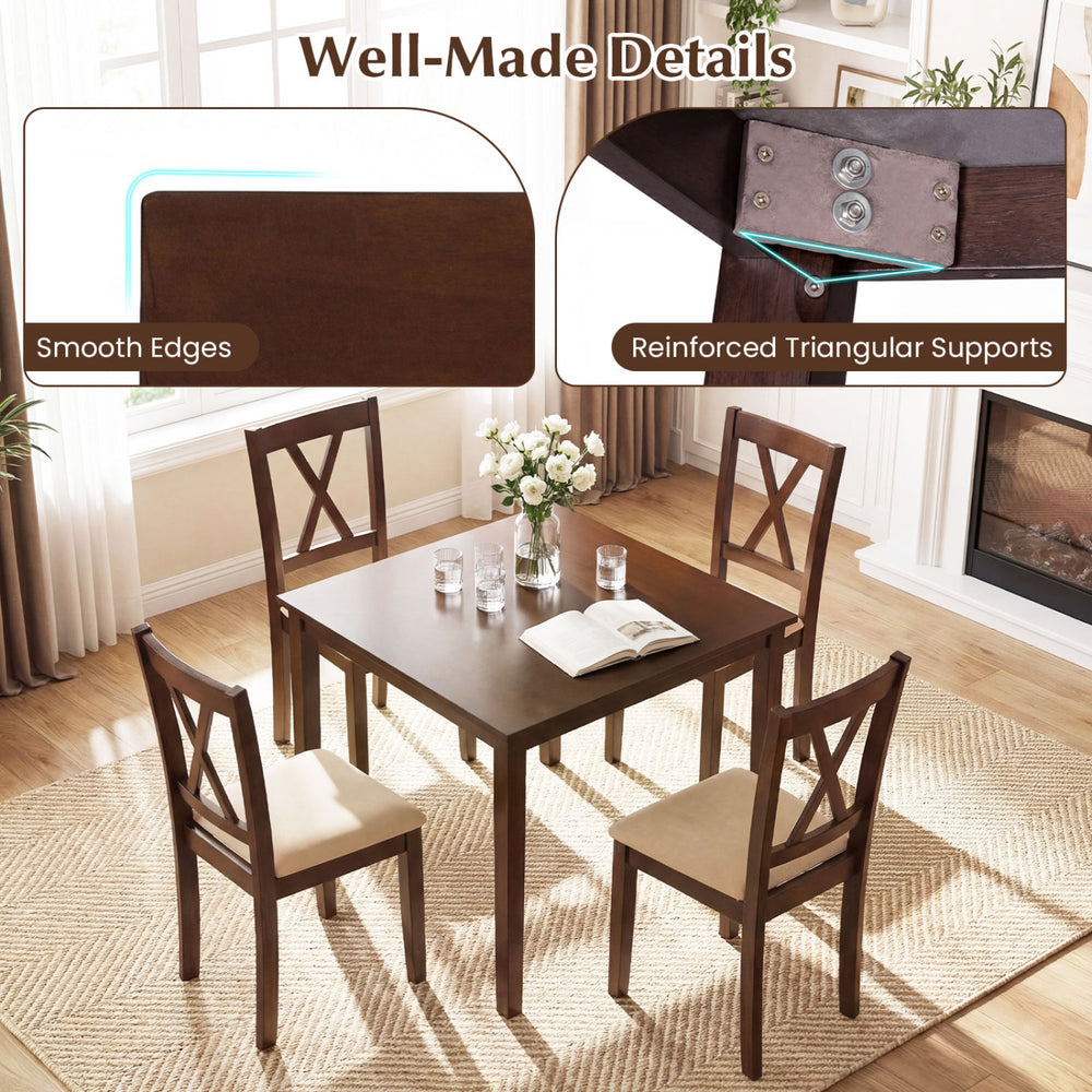Square kitchen table with smooth edges and reinforced triangular supports, accompanied by four armless chairs in walnut.
