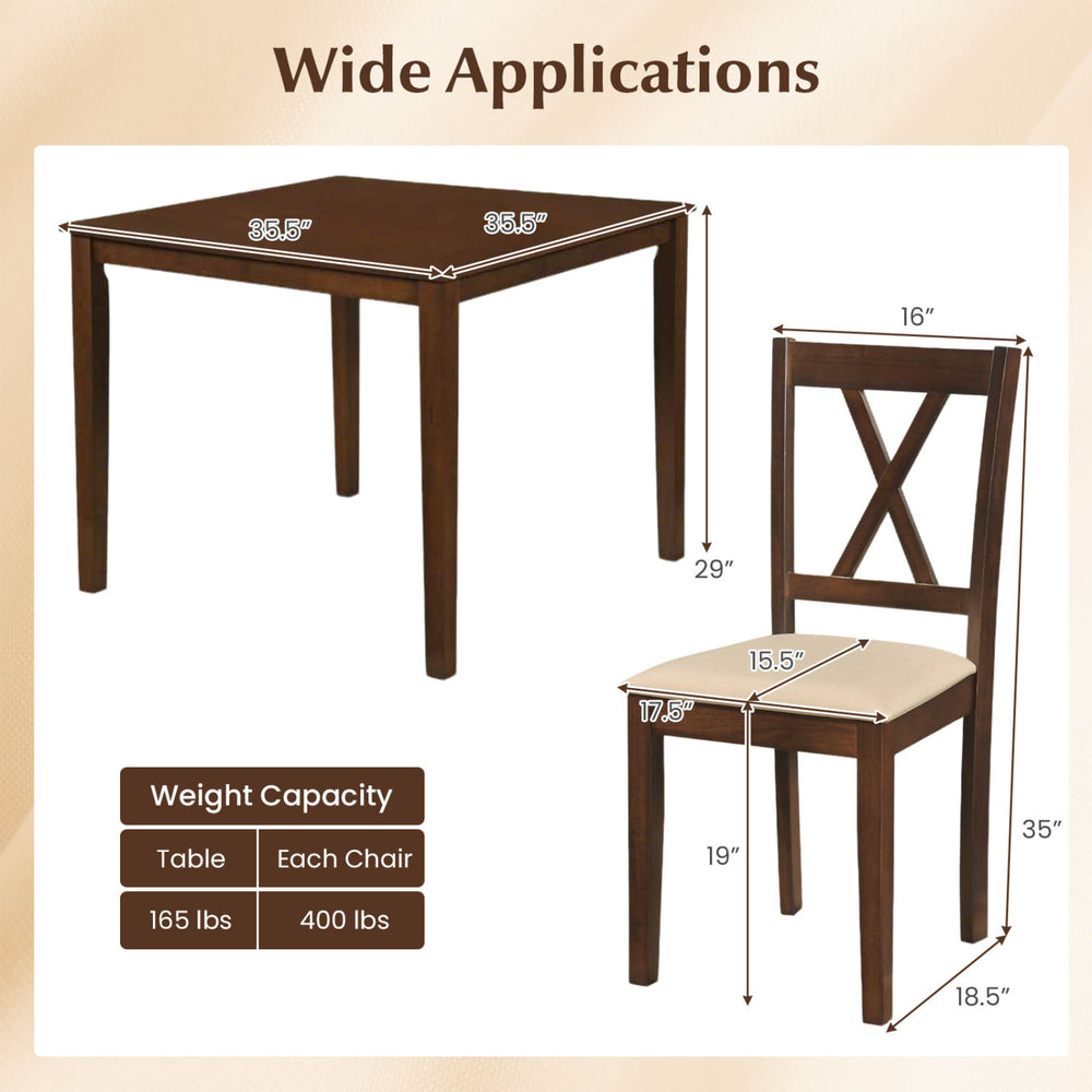 Square kitchen table with dimensions 36.5” x 36.5” and four armless chairs in walnut finish for dining.