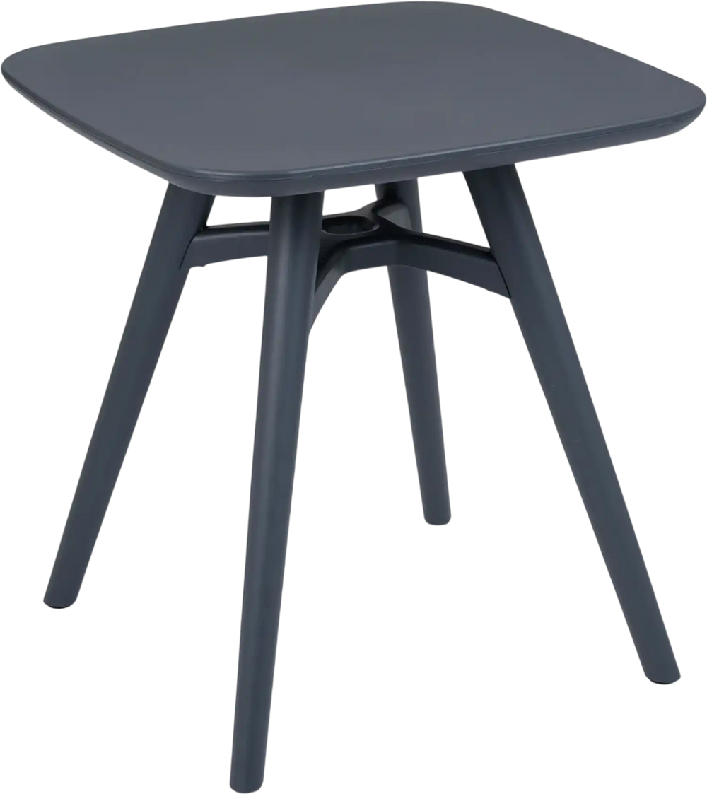 Gray square outdoor dining table made of all-weather plastic, perfect for 4 people, with a 1.6" thick tabletop.