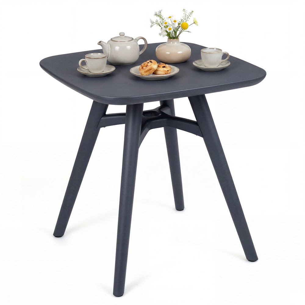 Square gray outdoor dining table with a 1.6" thick top, perfect for intimate meals in gardens or patios.