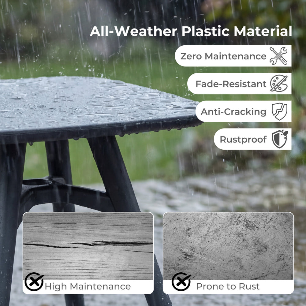 Square gray outdoor dining table made of all-weather plastic, rustproof and fade-resistant, perfect for garden or patio.